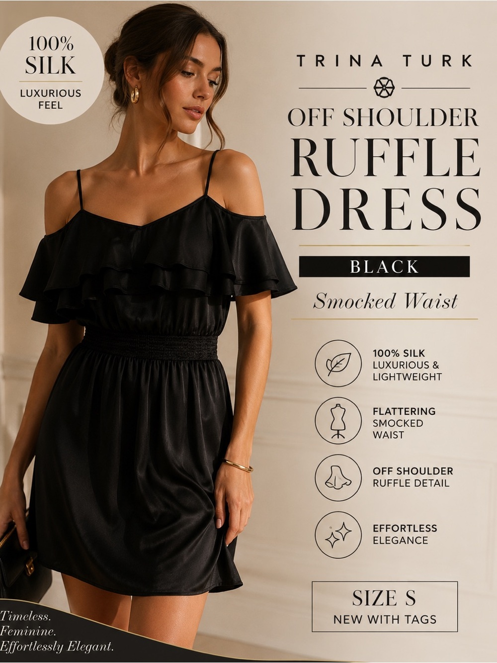 Trina Turk Silk Off Shoulder Ruffle Dress Black Smocked Waist S